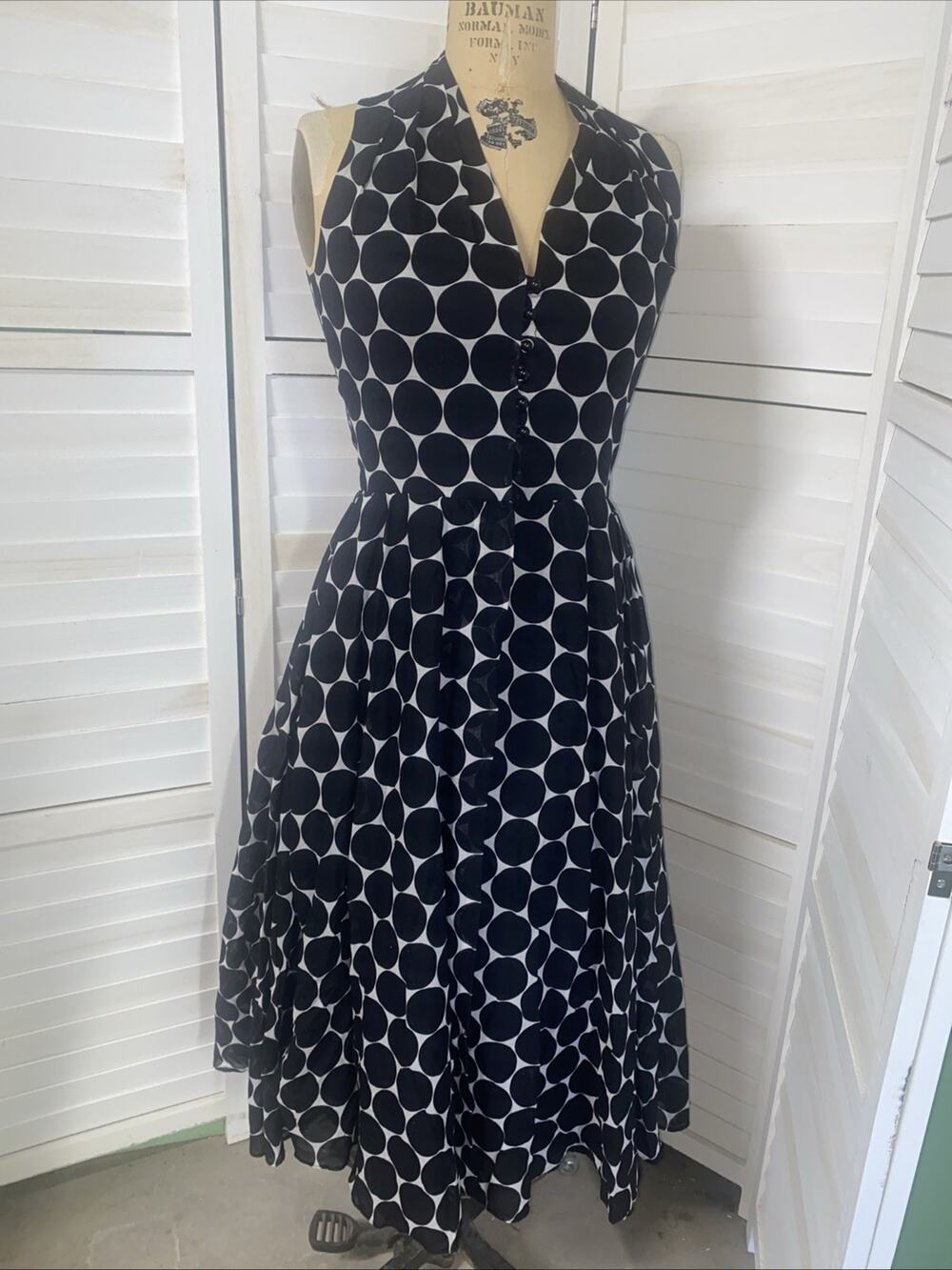 80s 90s Liz Claiborne Blk/White Circle Print Retro Style Midi Dress Sz 6